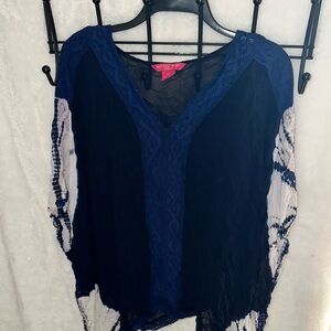 Sunny Leigh Navy Blue Lace-Trim V-Neck Tunic Coverup with White Tie-Dye Sleeves